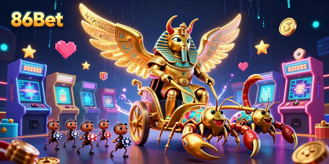 Experience thrilling gaming with 86Bet’s vibrant casino-inspired 3D chariot race illustration.