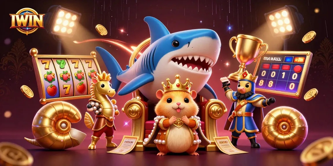 IWIN challenges players in an exciting casino throne scene with slot reels and festive royalty.