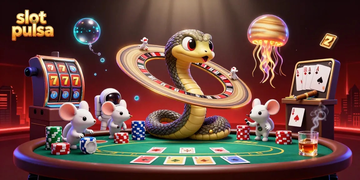 Slot pulsa untuk taruhan seru dengan simbol dan elemen permainan kasino menarik.