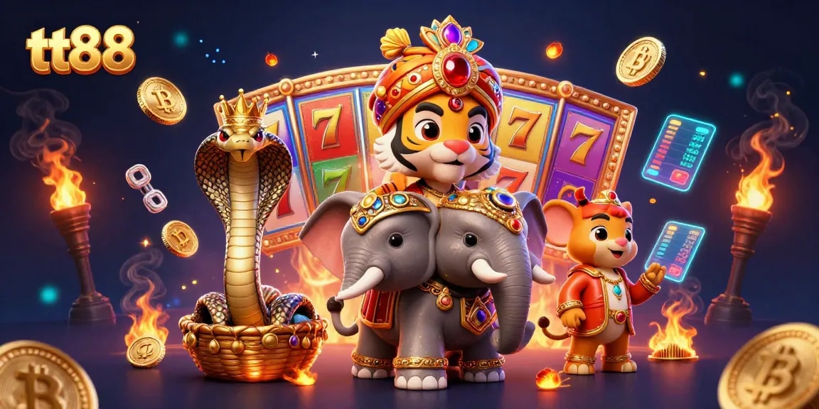 Engage with tt88's captivating slot reels and colorful jackpot counters in this vibrant casino illustration.