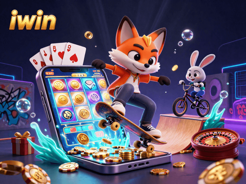 Experience winning moments with iwin in a vibrant casino-themed 3D illustration showcasing gaming excitement.