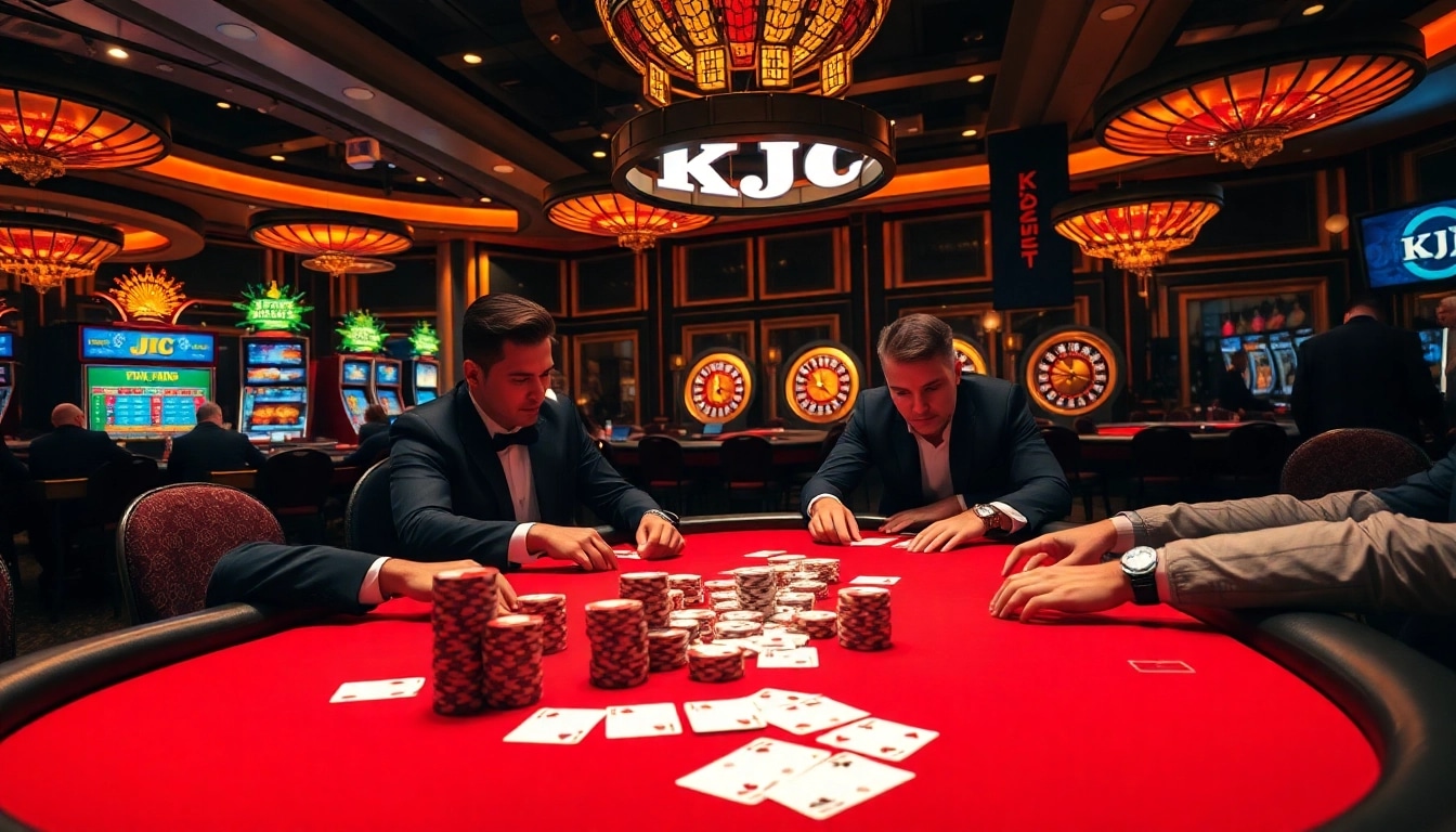KJC poker players strategizing at a luxury casino table with chips and cards.