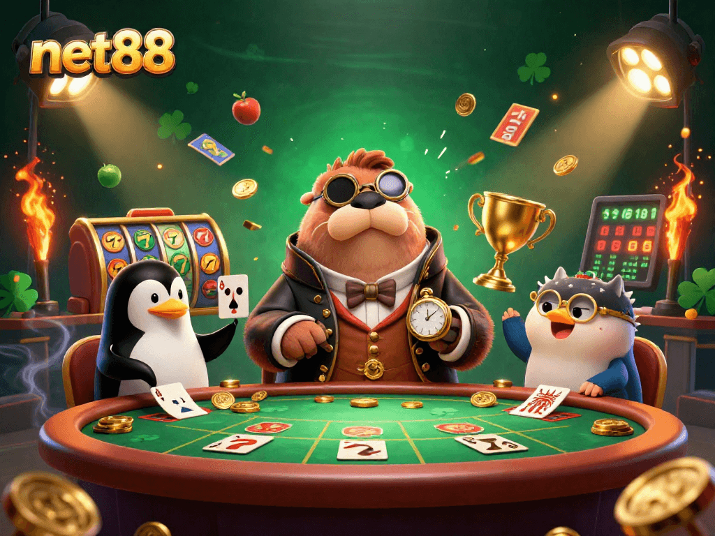 net88 showcases a lively underwater poker scene with a walrus, penguin dealer, and bluffing pufferfish