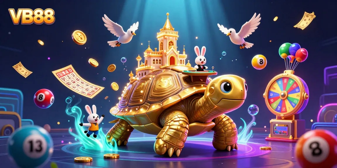 Experience thrilling wins with VB88 as colorful lottery balls and golden coins come alive in a vibrant casino scene.