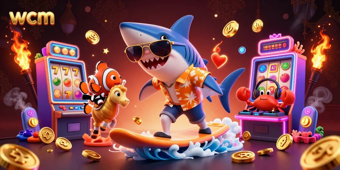 Engage with wcm's vibrant casino world as characters play exciting slot games amid gold coins.