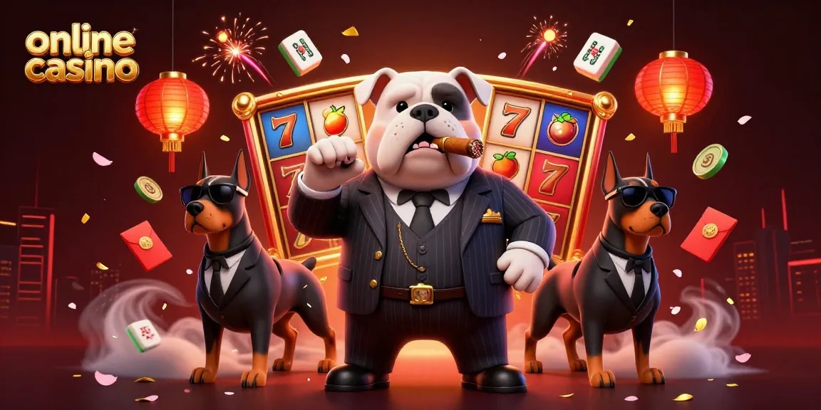 Experience thrilling gameplay at an online casino featuring a mafia bulldog in a vibrant, action-filled scene.