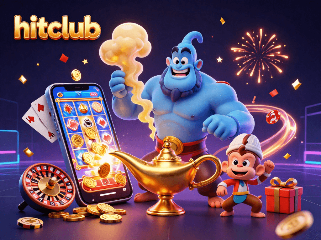 Experience hitclub magic with a vibrant genie, monkey and poker chips in 3D casino illustration.
