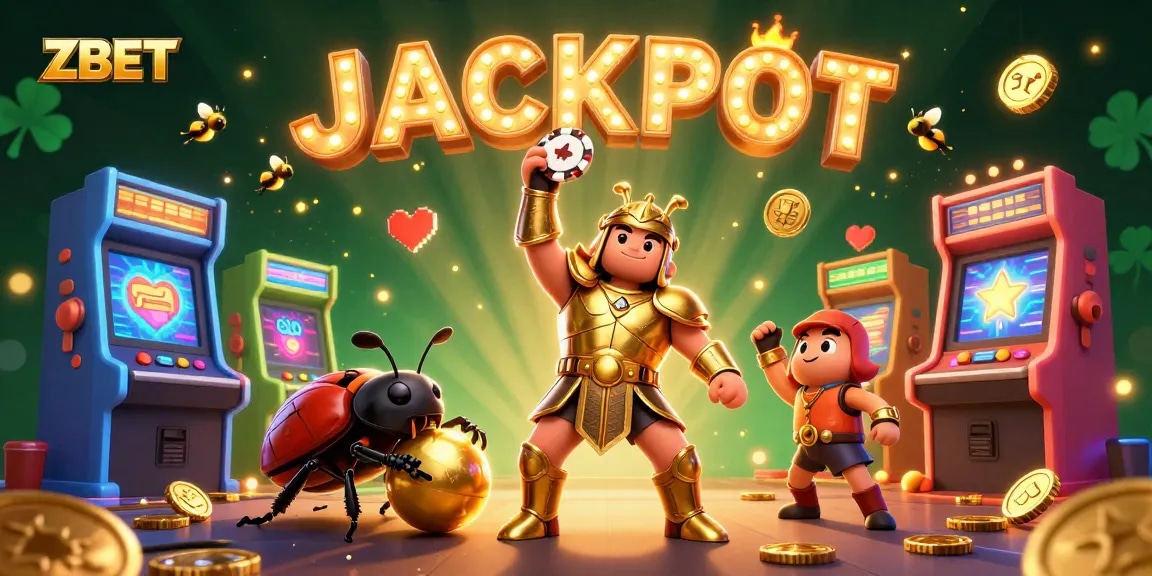 Engage with ZBET and hit the jackpot in a vibrant slot-themed 3D casino scene.