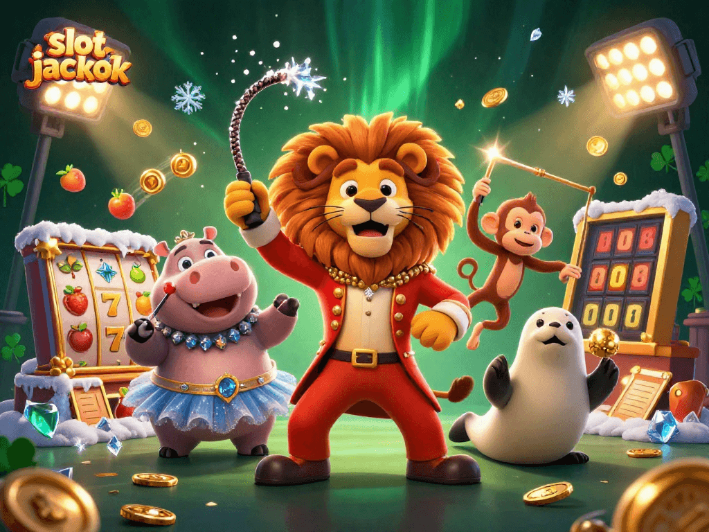 Engage with the vibrant slot jackpot scene featuring characters amidst golden reels, coins, and festive backgrounds.
