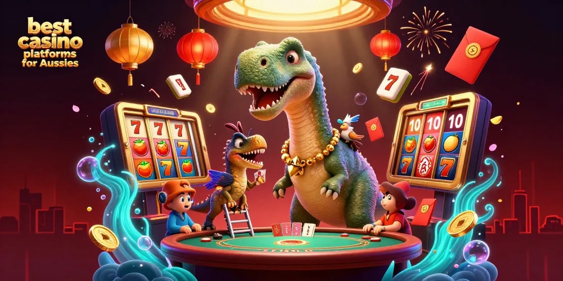 Experience the best casino platforms for Aussies with a vibrant, card-dealing dinosaur scene.