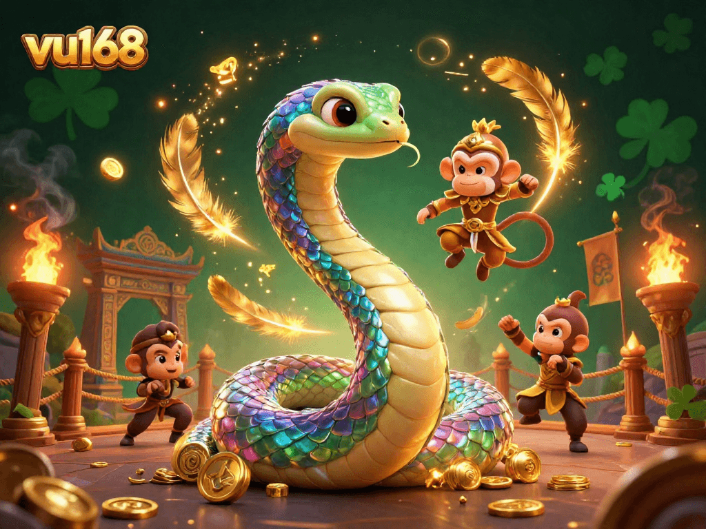 Engage in thrilling action with vu168's vibrant casino experience showcasing colorful characters and dynamic gambling elements.