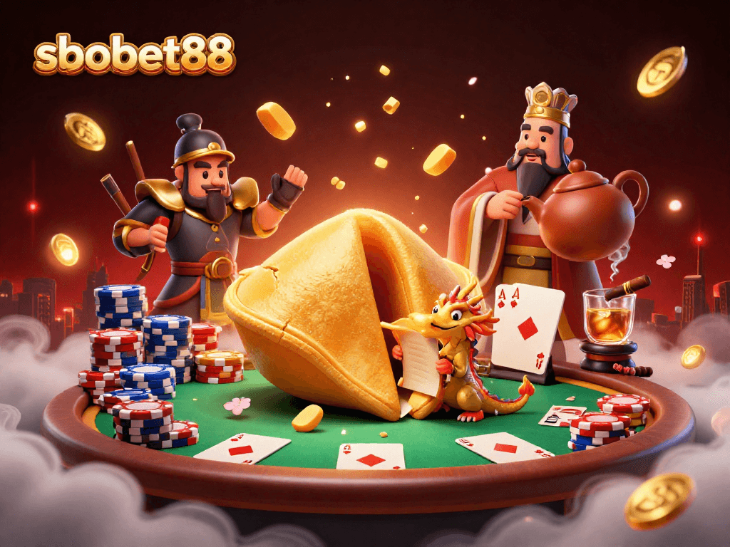 Experience sbobet88 gaming with a dragon revealing fortunes amid casino elements.