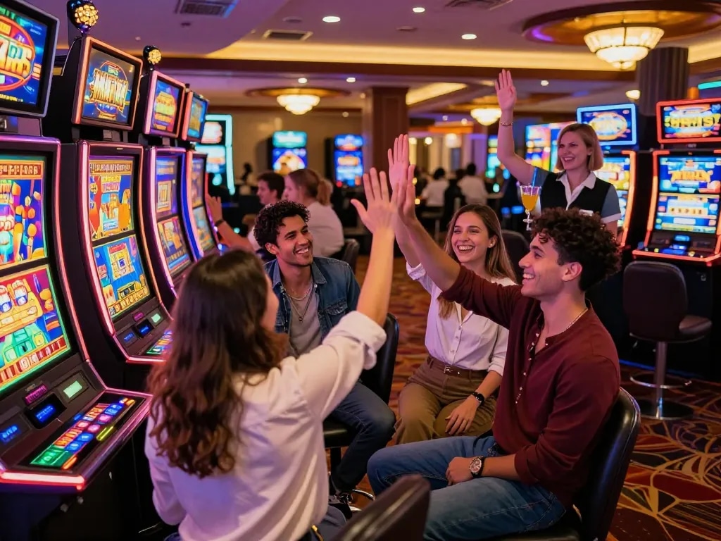 Sahabat merayakan kemenangan besar di mesin slot di kasino, menyoroti kegembiraan slot gacor hari ini.