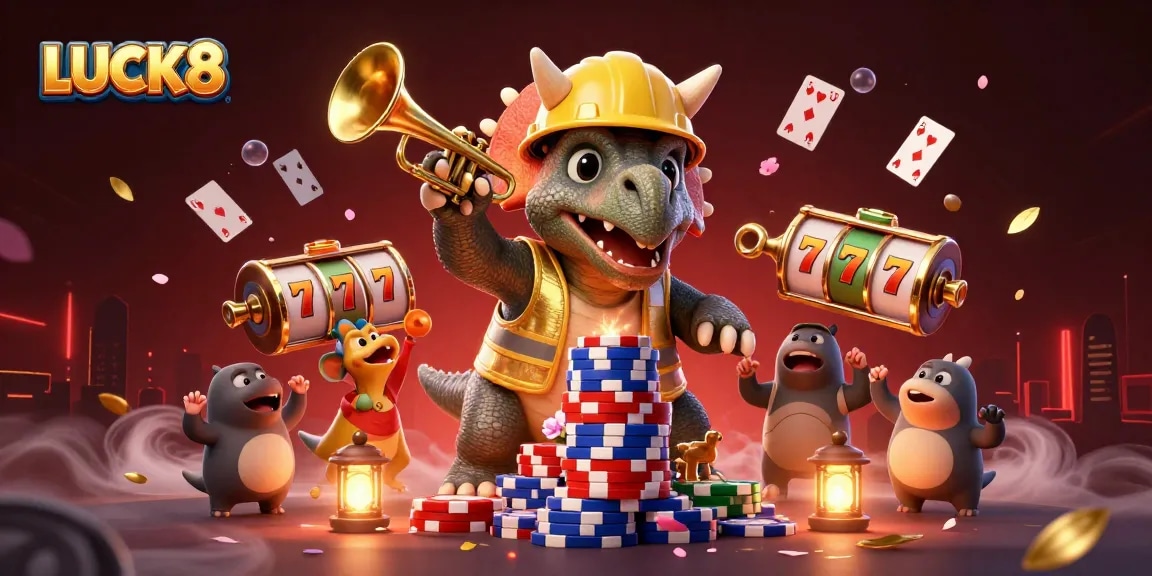 Experience the excitement of LUCK8 with vibrant 3D casino characters amidst dynamic gameplay elements.