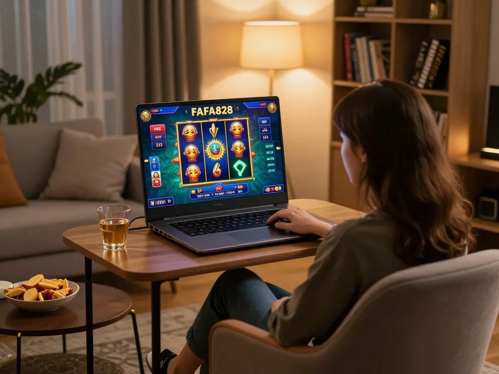 Person enjoying online gambling with FAFA828 on laptop in a cozy home setup