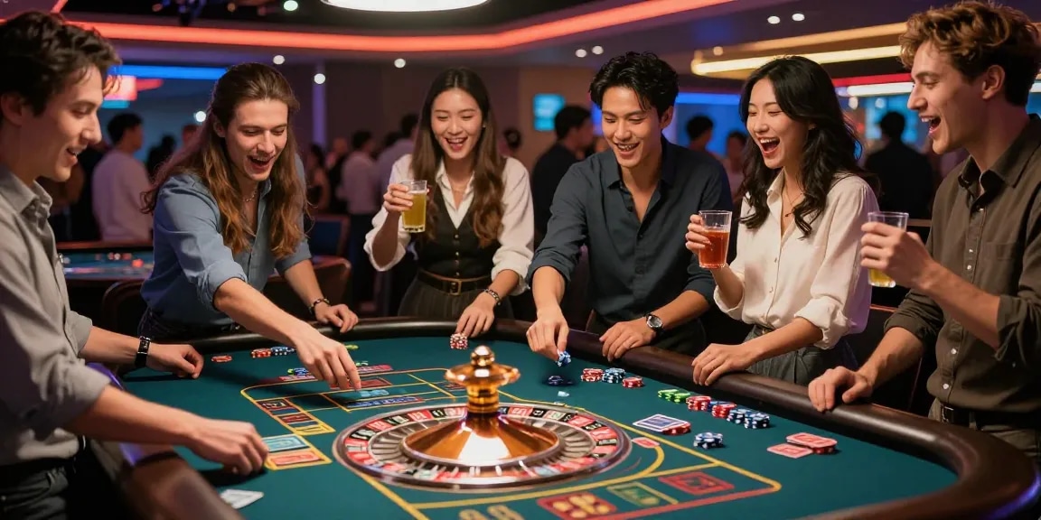 Suasana kasino dengan teman-teman merayakan kemenangan terjun4d di meja roulette.