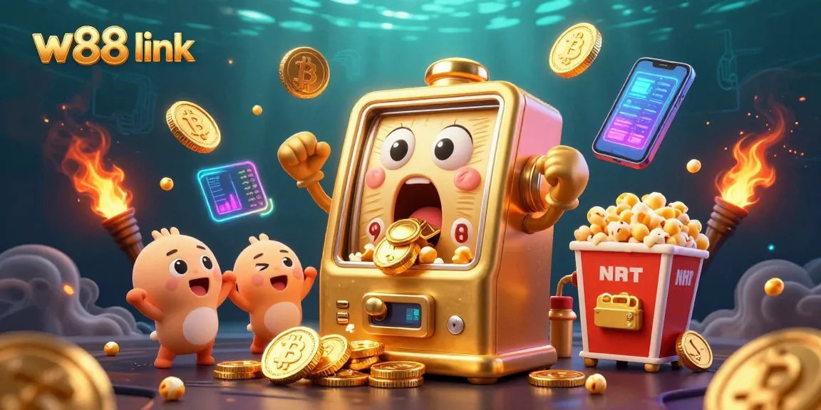 Engage with the vibrant w88 link slot machine scene, celebrating wins amid sparkling coins and neon elements.