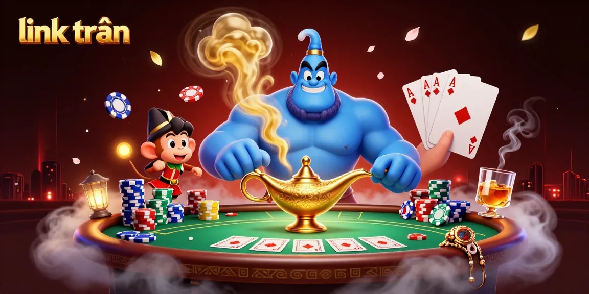 Engage with thrilling gambling scenes through link trần showcasing a genie, poker chips, and vibrant casino elements.