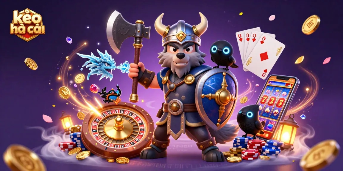 Engage with the thrilling kèo nhà cái scene featuring a Viking wolf, fierce dragon, and dynamic casino elements.