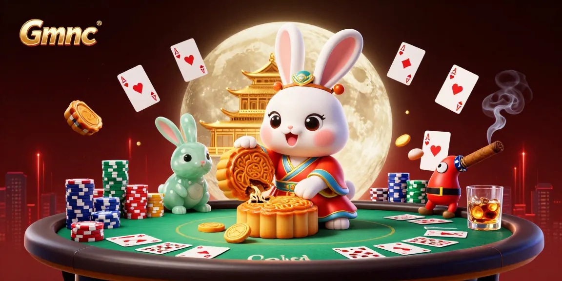Engage in Gmnc's thrilling casino action featuring a moon rabbit and poker chips.