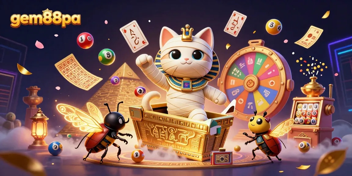 Win big at gem88pa with this vibrant 3D illustration of a casino scene featuring a mummy cat and scarab!