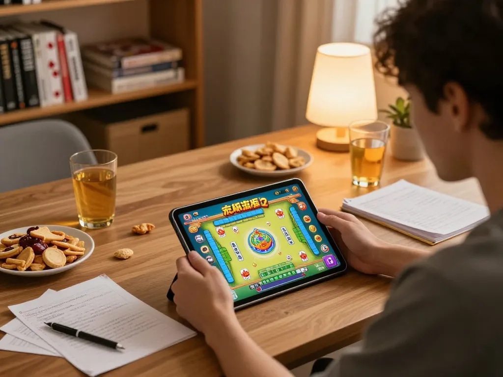 Player enjoying Mahjong Ways 2 on a tablet, snacks and strategy notes around, cozy gaming setup