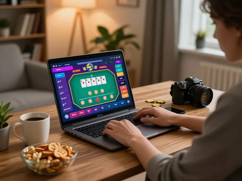Engaged player enjoying online games at https://luck8.review/ in a cozy home setting.