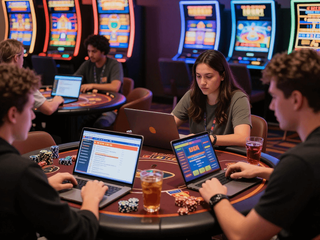 Exciting scene of players engaging with USA online casinos on mobile devices, showcasing colorful graphics and casino games.