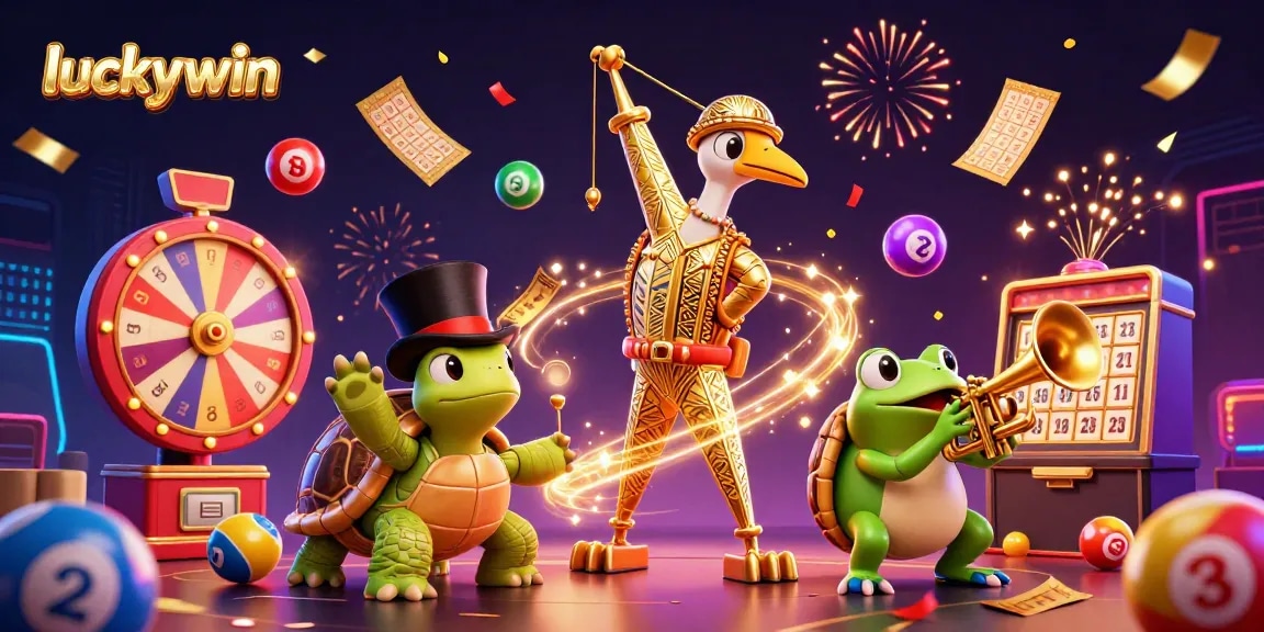 Experience luck with luckywin as vibrant lottery balls and festive characters celebrate gambling excitement!