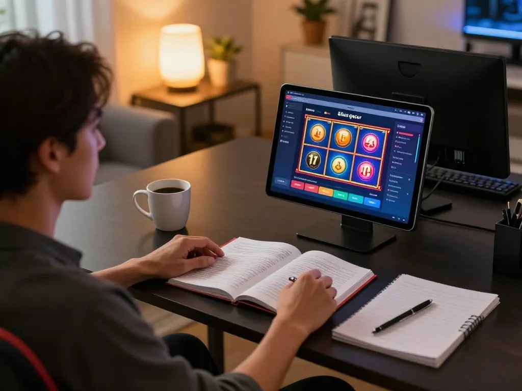 Engaging online casino gameplay at situs gacor with a player analyzing strategy notes in a cozy home setting