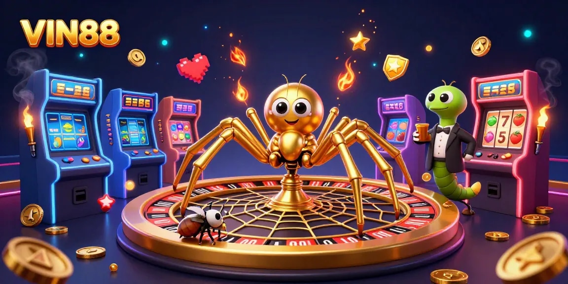Catch the excitement of VIN88 as you place bets with a golden spider spinning a roulette web
