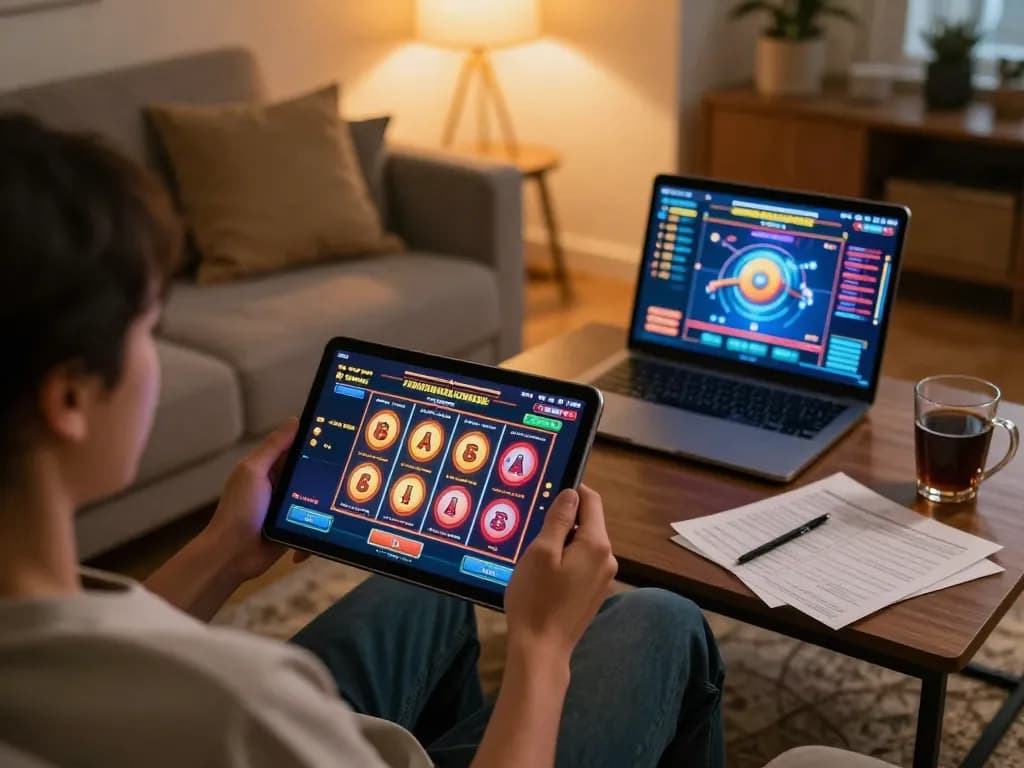 Player spins online slot reels on a tablet while relaxing at home with strategy notes nearby