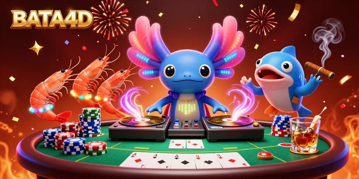 BATA4D menampilkan DJ axolotl neon beraksi di kasino bawah laut dengan semarak pesta.