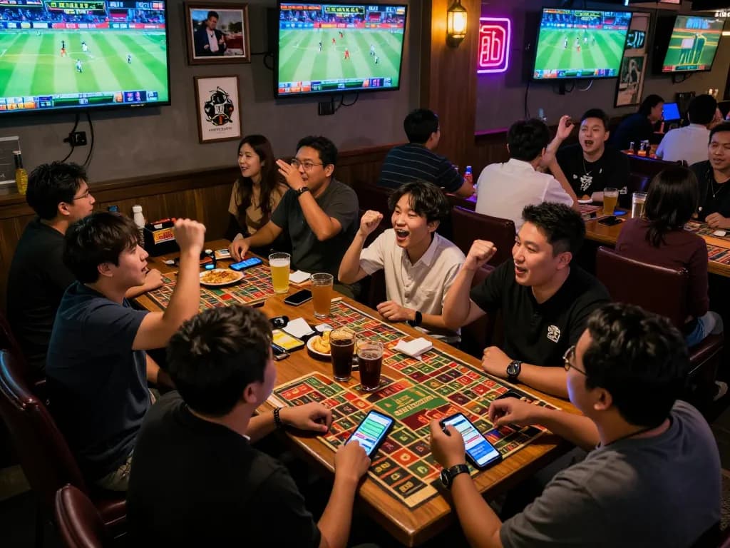 Para penggemar dengan penuh semangat memasang taruhan pada permainan toto togel di bar olahraga dengan layar yang menyala.