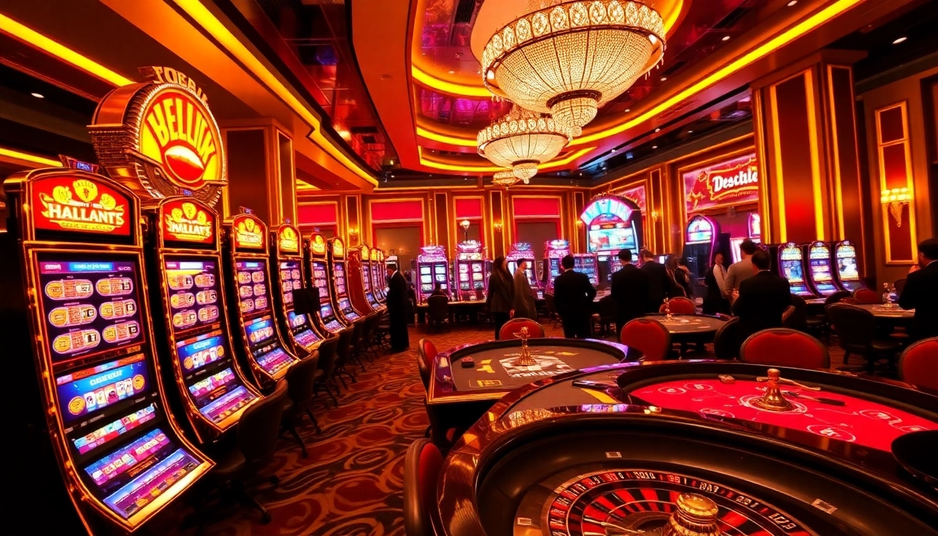 Dynamic gaming experience at 68VIP.COM showcasing vibrant slot machines and poker tables.