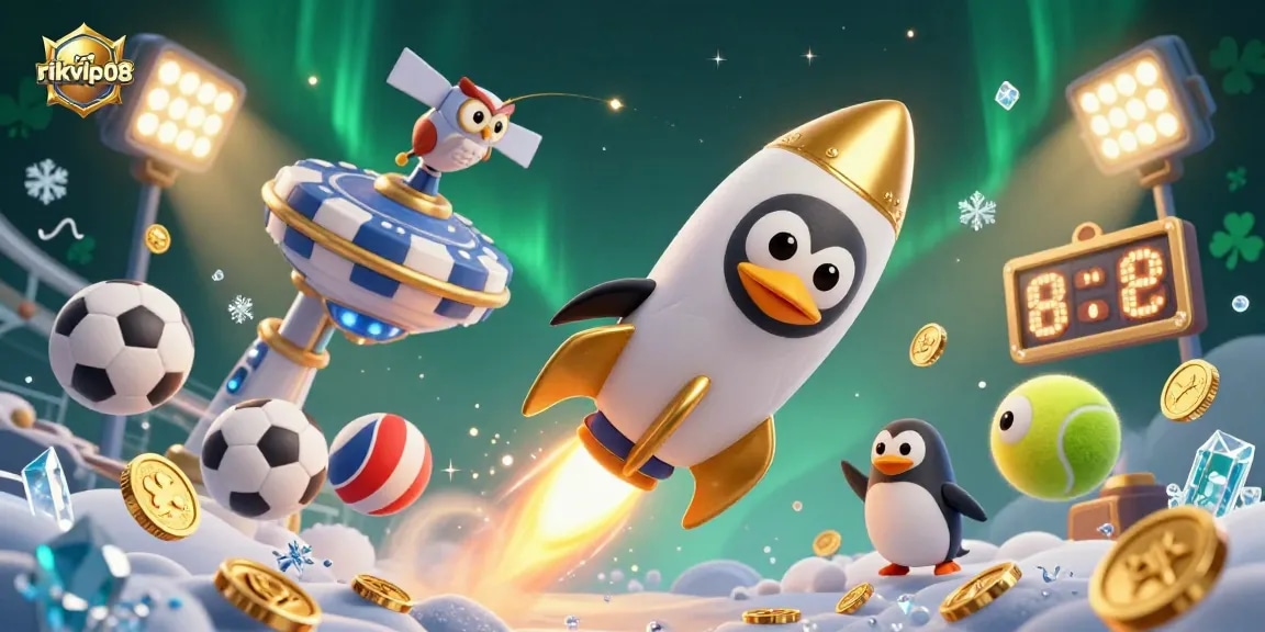 Join the action with rikvip08 as the golden penguin flies to the casino, surrounded by sports balls and treasures.
