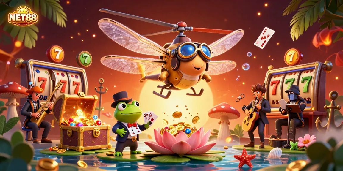 NET88 brings the thrill of casino gambling alive in this vibrant 3D scene featuring a pilot, croupier, and jazz musicians.