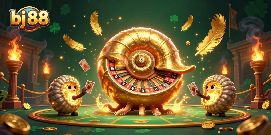 Experience thrilling cockfighting action at bj 88, featuring a vibrant 3D illustration of a nautilus roulette and glowing elements.