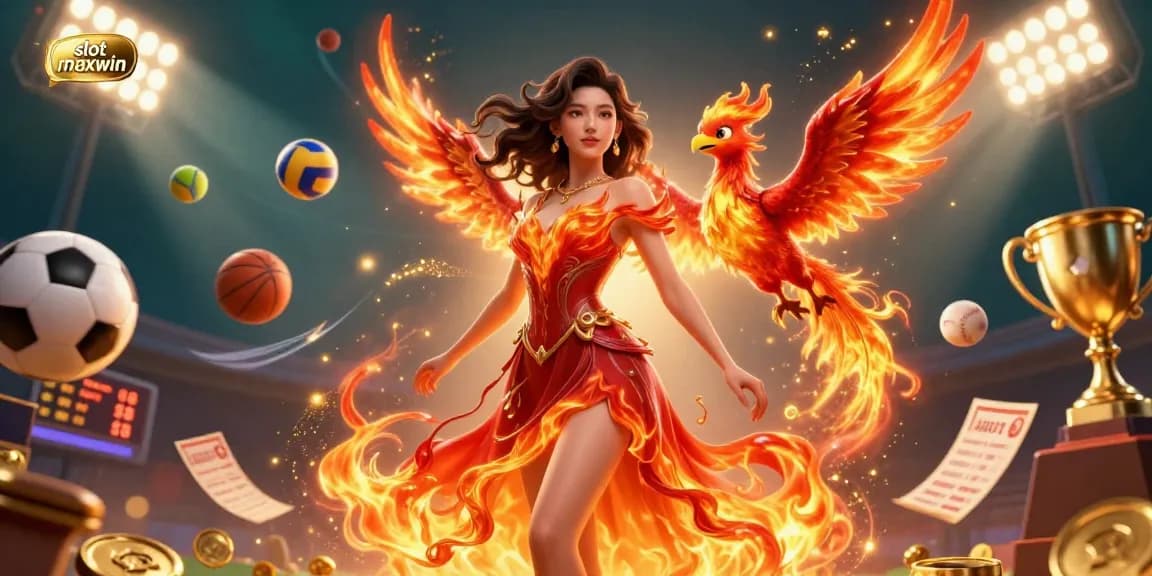 Rasakan permainan mendebarkan dengan slot maxwin, menampilkan wanita berpakaian api dan elemen bertema olahraga.