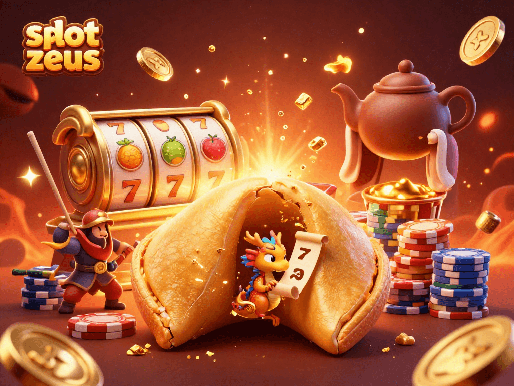 Experience the thrill of slot zeus with an epic 3D illustration of golden fortune cookie and casino elements.