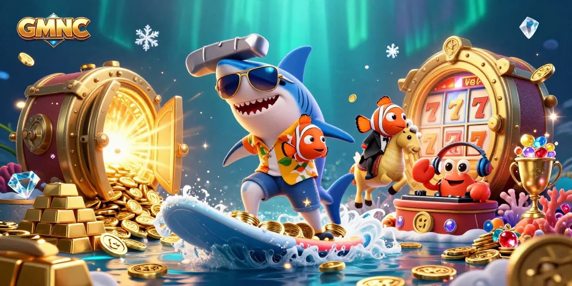 Surf the waves of casino excitement with GMNC's vibrant gaming scene illustration.
