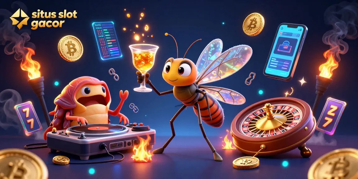 situs slot gacor showcases an energetic casino scene featuring a frozen-in-amber mosquito and trilobite DJ.