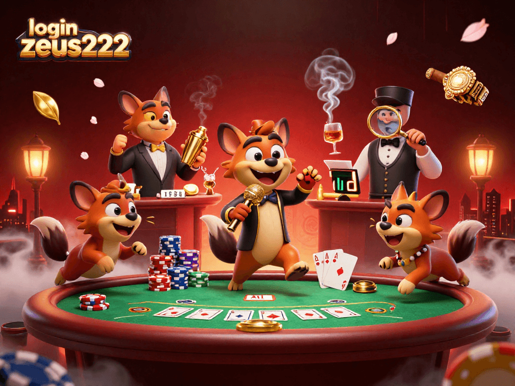 Experience the excitement at login zeus222 with lively hyenas in a casino club featuring poker elements and comedic flair.