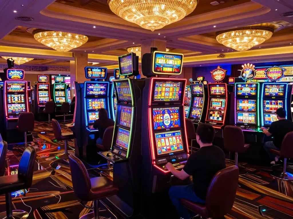 Players engaging with slot gacor machines under vibrant neon lights, experiencing thrilling gameplay.