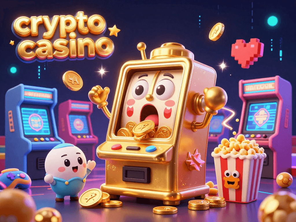 Engaging scene at a crypto casino with a golden slot machine hitting a jackpot as coins overflow.