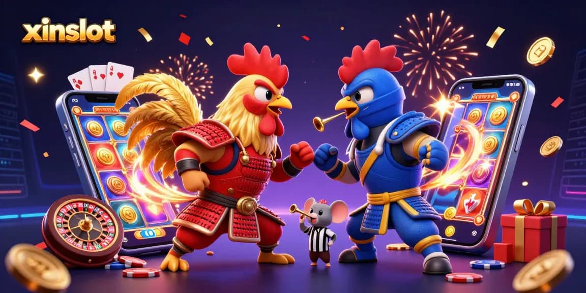 XINSLOT showcases a dynamic 3D scene with cartoon roosters in a dramatic standoff amidst gambling elements like slots and cards.