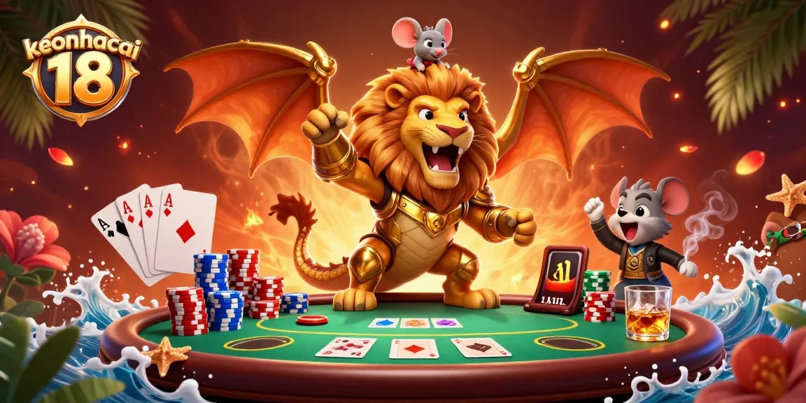 Engage in vibrant poker action featuring keonhacai 18, with a roaring golden chimera and dynamic cards.
