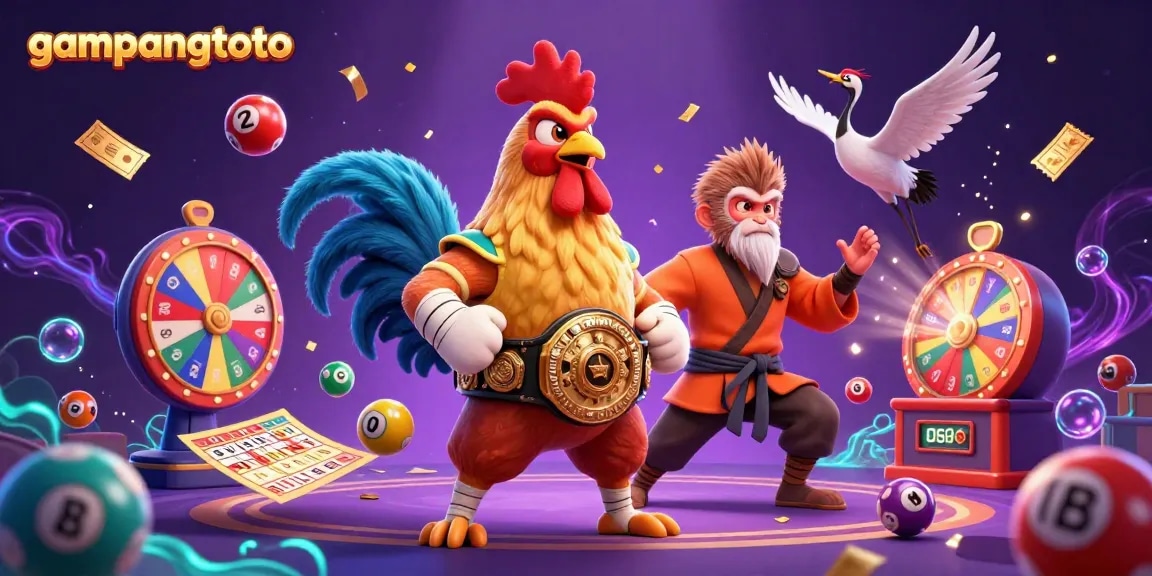 Engage with the dynamic world of gampangtoto through a thrilling 3D illustration of gambling characters and colorful lottery elements.