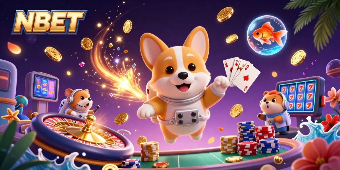 Engage with NBET as a cartoon corgi gambles in a space casino filled with dazzling coins and gaming action.