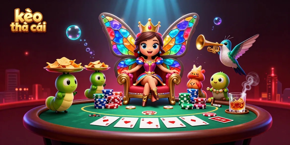 Engage with kèo nhà cái insights at a vibrant casino scene featuring a butterfly queen and poker chips.